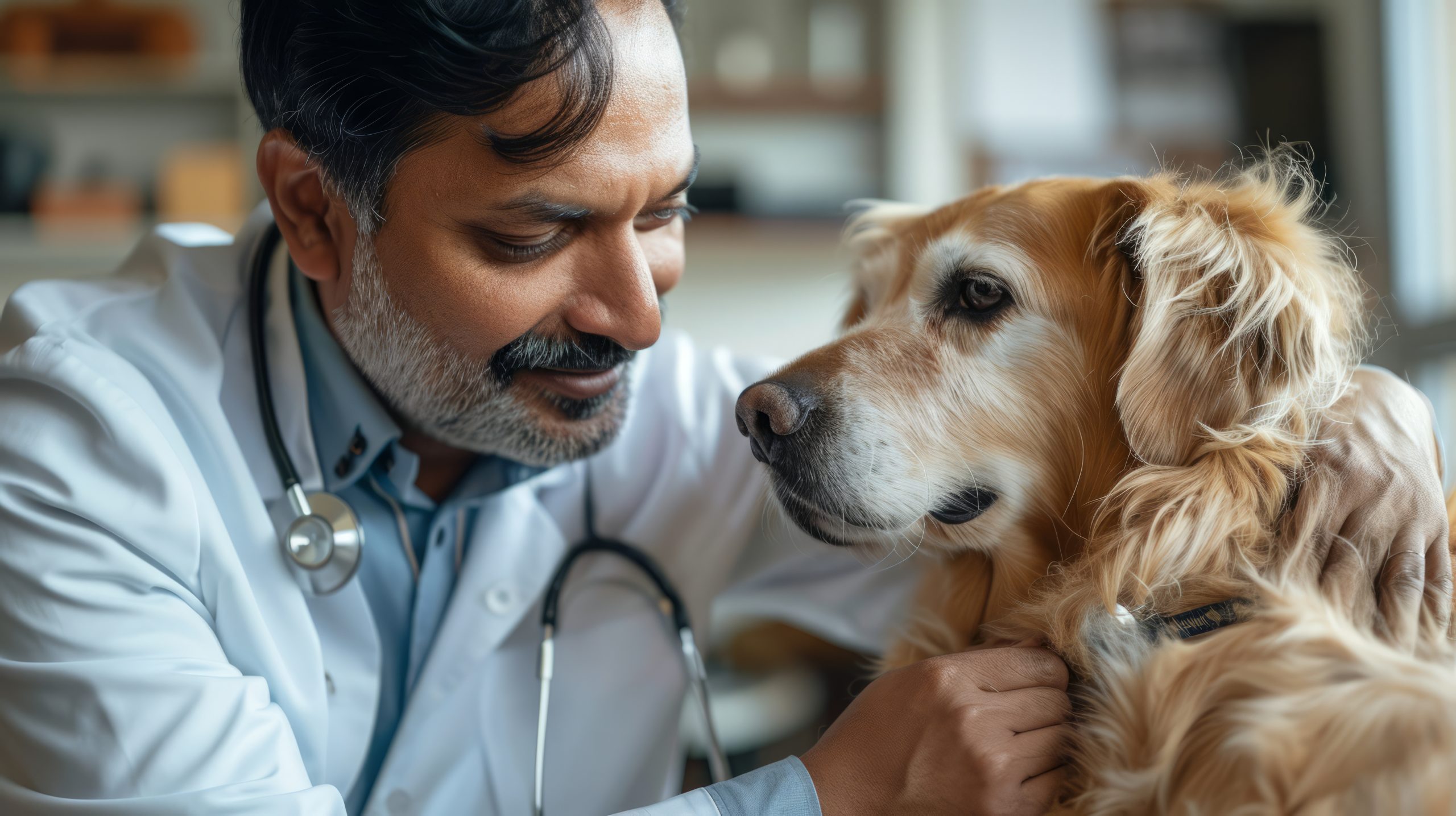 Veterinário acariciando cachorro, para falar se a quimioterapia em pets é segura