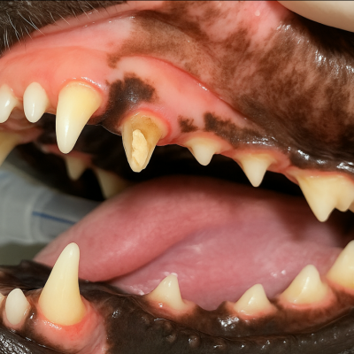 Boca de cachorro aberta, para mostrar dentes quebrados em pets.